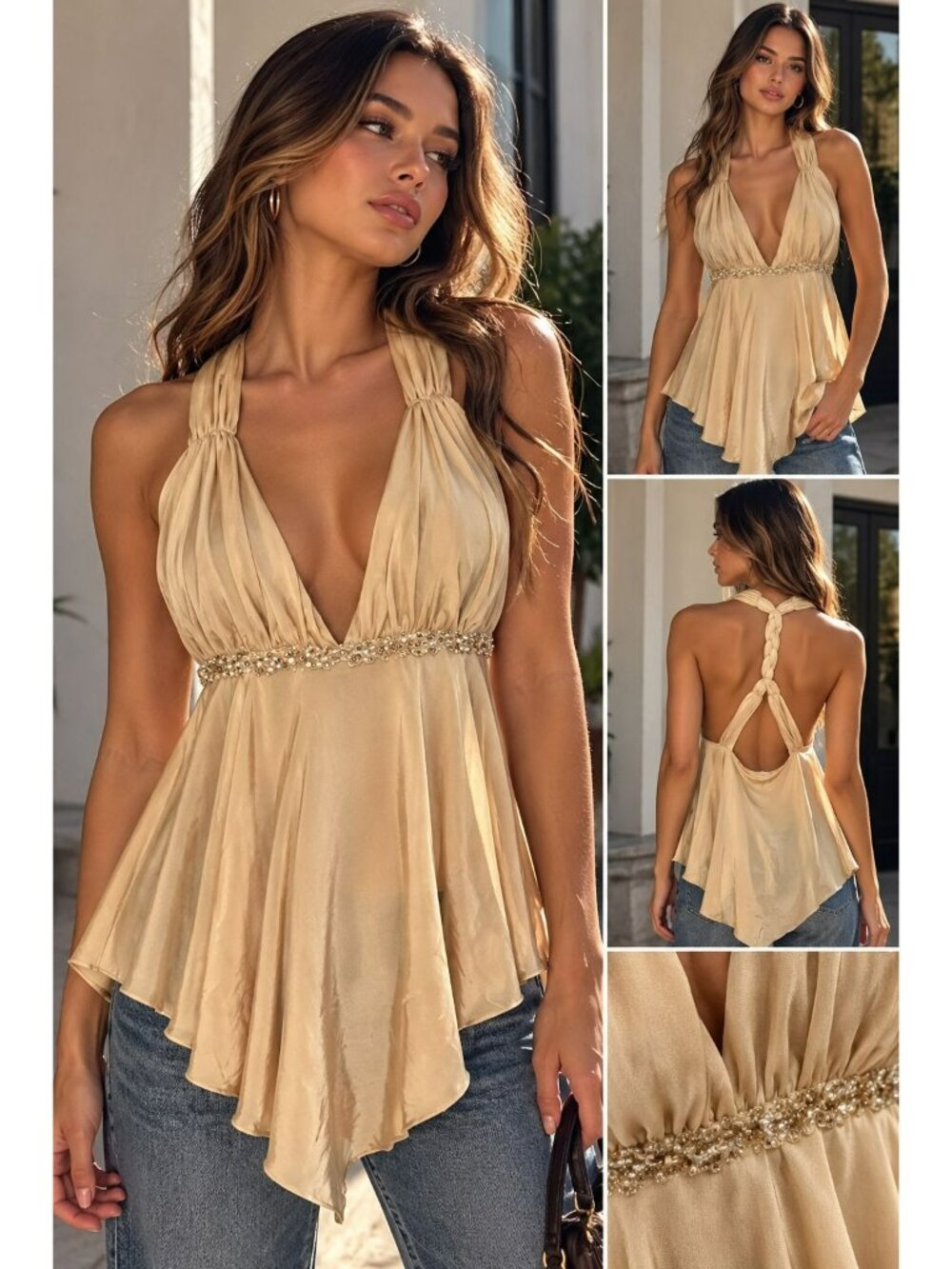 Y2K Gold Beaded braided open back Babydoll Halter Top flowy handkerchief hem NWT